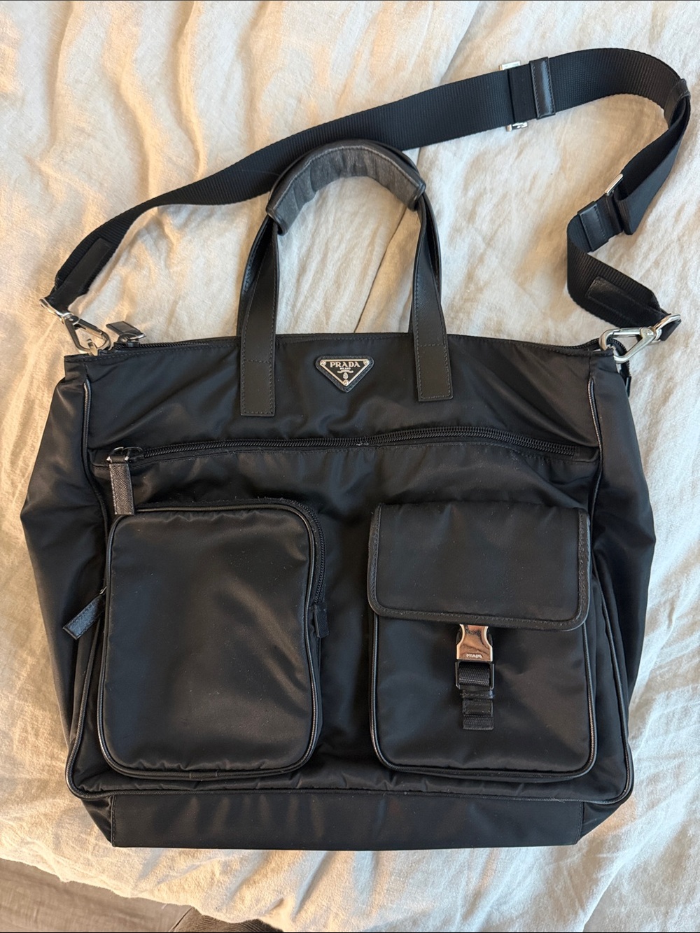 Prada Black Nylon Messenger Tote with Front Pockets